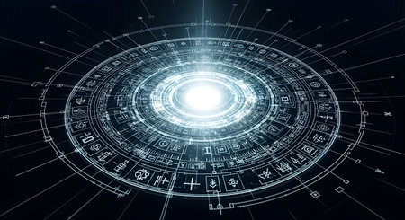 Abstract futuristic digital technology interface with glowing concentric circles and intricate data streams, representing innovation and connectivityの素材