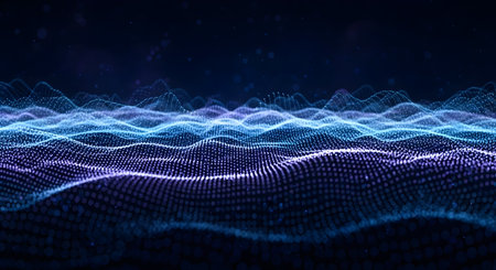 Abstract digital wave of glowing particles in blue and purple hues, representing data flow, technology, and futuristic concepts with a dark backgroundの素材