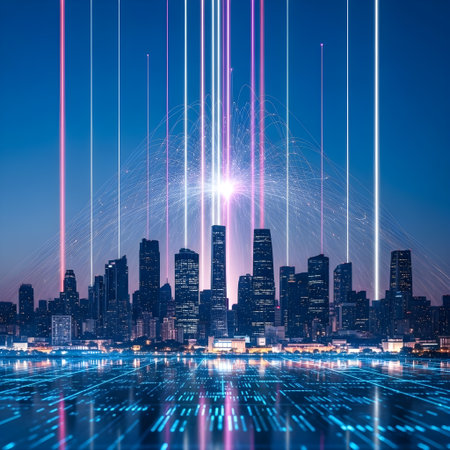 Futuristic cityscape at night with glowing digital data streams and light trails, representing technology and urban connectivityの素材
