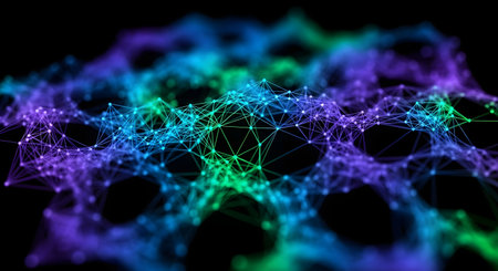 Abstract plexus network of glowing dots and lines in purple and green, symbolizing connection, data, and technology in a dark backgroundの素材