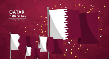 Qatar national day celebration with multiple flags waving and confetti falling, representing national pride and festive atmosphereの素材