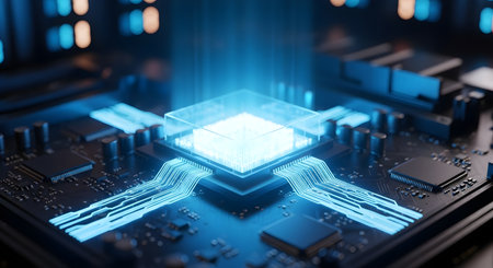 A futuristic closeup of a glowing blue central processing unit cpu on a complex computer motherboard, symbolizing advanced technology and digital innovationの素材