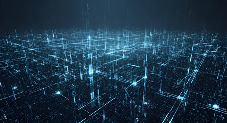 A vast digital city network of glowing blue lights and data connections, representing a futuristic metropolisの素材