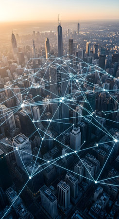 Aerial view of a modern city skyline at sunset, with a glowing digital network overlay connecting buildingsの素材