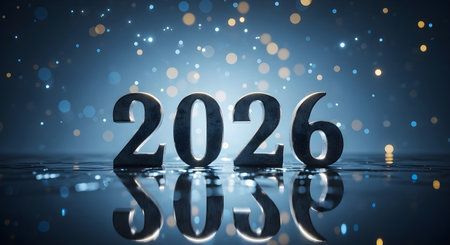 3d rendering of the year 2026 with bokeh lights and reflection on wet surfaceの素材