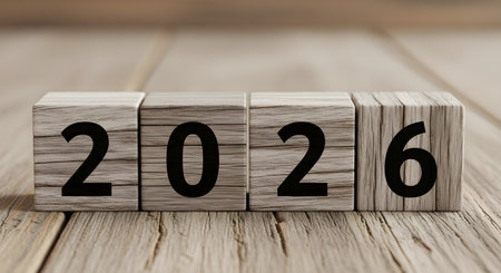 Wooden blocks with the year 2026 carved into them, resting on a rustic wooden surface, symbolizing the future and upcoming yearの素材
