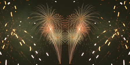 Symmetrical fireworks display creating a heart shape against a dark night skyの素材