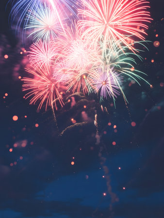 Vibrant colorful fireworks exploding in the night sky with bokeh lightsの素材