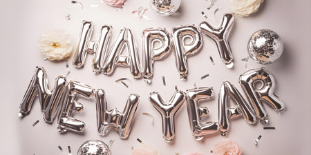 Shiny silver happy new year balloons and confetti celebrationの素材