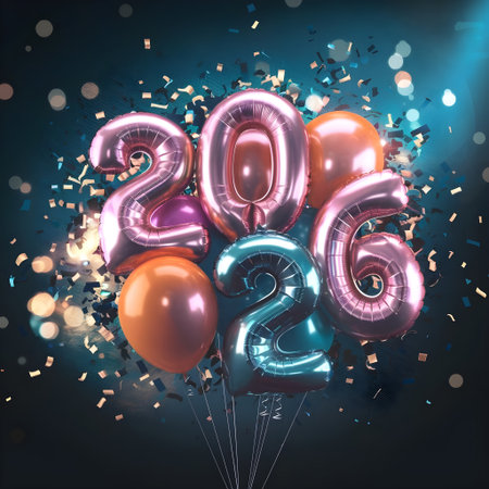 Shiny metallic balloons forming the year 2026 with confetti and bokehの素材