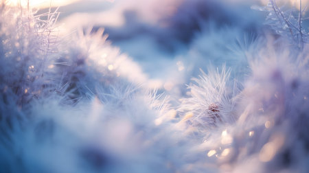 Soft focus macro of frosty blue and white plant fibers illuminated by warm lightの素材