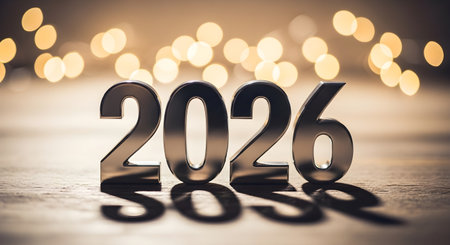 Shiny metallic numbers 2026 with soft bokeh lights backgroundの素材