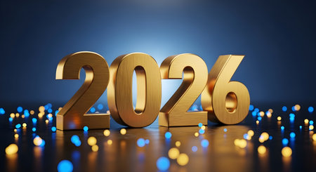 Golden 2026 numbers illuminated by bokeh lights on a dark backgroundの素材