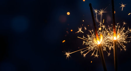 Bright sparklers exploding with golden sparks on dark backgroundの素材