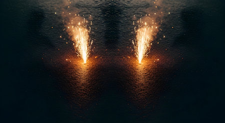 Symmetrical reflection of bright orange fireworks exploding over dark waterの素材