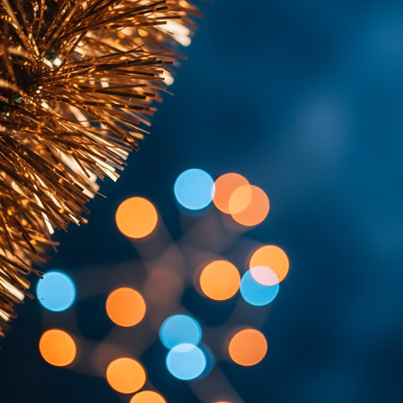 Golden tinsel and blurry festive lights on dark blue backgroundの素材
