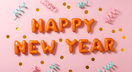 Orange balloons spell happy new year on pink background with confettiの素材