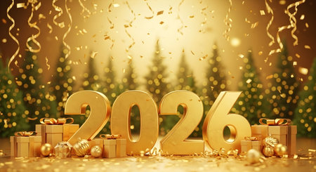 Golden 2026 new year celebration with gifts and confettiの素材