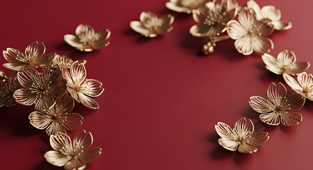 Golden cherry blossoms scattered on a rich red backgroundの素材