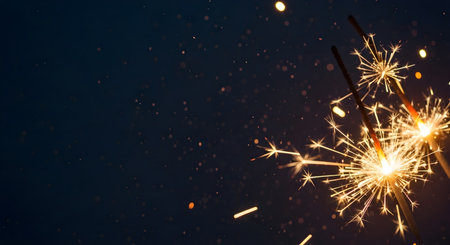 Bright sparklers glowing against dark background with copy spaceの素材