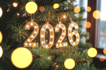 Illuminated 2026 numbers decorate a festive christmas tree with bokeh lightsの素材