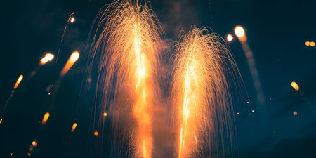 Bright orange fireworks bursting in the dark night skyの素材