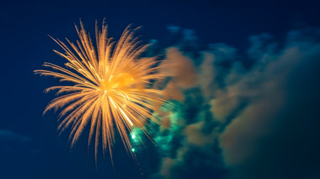 Bright yellow firework exploding against a dark night skyの素材