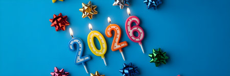 Colorful number candles spell out 2026 with festive bows on blue backgroundの素材