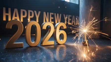 Golden happy new year 2026 with sparkler celebrationの素材