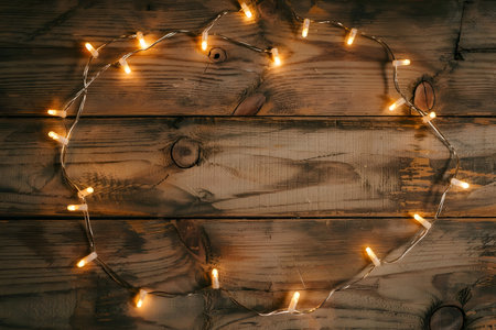 Warm glowing fairy lights arranged in a circular shape on a rustic wooden background, creating a cozy and festive atmosphereの素材