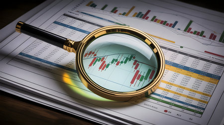 A magnifying glass placed on financial charts and graphs, illustrating market analysis, investment strategy, and economic researchの素材