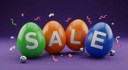 Colorful 3d rendered easter eggs spelling sale with festive confetti and metallic spheres on a vibrant purple background, for seasonal discountsの素材