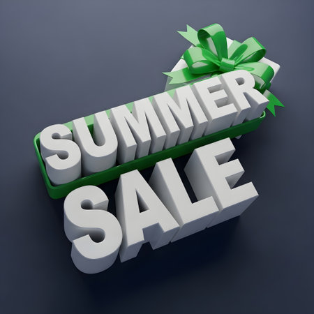 3d rendering of the words summer sale in white, with the word summer placed in a green tray, accompanied by a white gift box with a vibrant green ribbon, symbolizing seasonal promotions and special offersの素材
