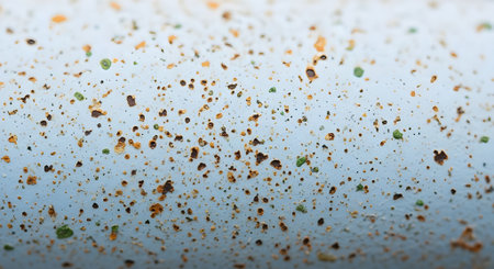 Abstract closeup of a light blue surface with scattered specks of brown, orange, and green, creating a textured and weathered appearanceの素材