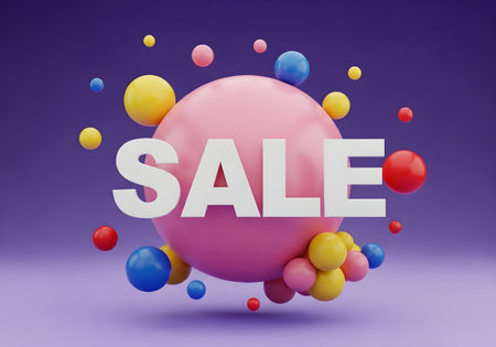 Vibrant 3d render featuring a large pink sphere with the word sale prominently displayed, surrounded by numerous smaller colorful spheres, all set against a soft purple background, symbolizing discounts and special offersの素材