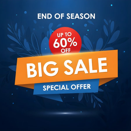 Vibrant end of season big sale advertisement, highlighting a special offer with up to 60% discount on a dark blue backdropの素材