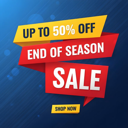 Dynamic end of season sale banner with up to 50% off promotion, featuring bold red and yellow ribbons on a blue background, perfect for retail marketing and advertising campaignsの素材