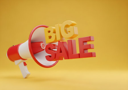 A 3d render of a red and white megaphone with big sale text in yellow and red, on a yellow background, symbolizing promotions and discountsの素材