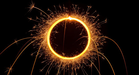 A mesmerizing circle of golden sparks dances against the night, creating a captivating display of light and energy in the darknessの素材
