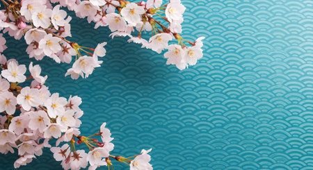 A beautiful cherry blossom branch with delicate pink flowers against a traditional japanese wave pattern background, creating a serene and elegant sceneの素材