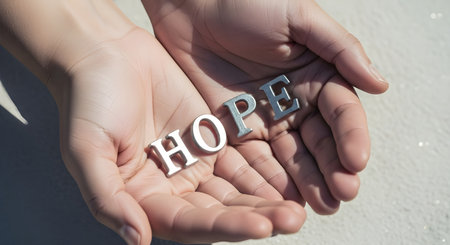 A pair of hands gently cradles the word hope in silver letters, symbolizing optimism, faith, and the human spirits resilience in adversityの素材
