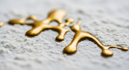 Closeup of golden liquid droplets on a textured white surface, creating an abstract and visually striking composition with blurred backgroundの素材
