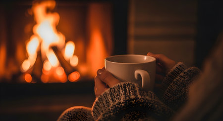 A cozy evening with a warm drink by the fireplace, creating a relaxing and inviting atmosphere at homeの素材