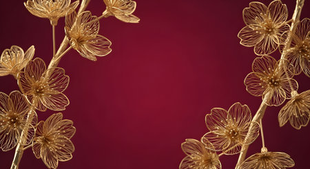 Golden cherry blossom branches frame a deep red background, creating an elegant and festive designの素材