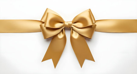 Elegant gold ribbon bow isolated on white background, a symbol of celebration and festive occasions, perfect for gift wrappingの素材