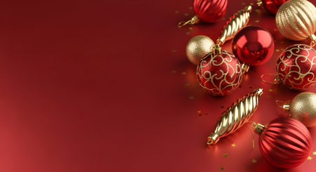 Elegant christmas background with red and gold ornaments, creating a festive and luxurious atmosphere for the holidaysの素材