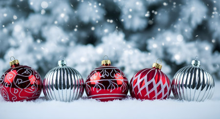 Five festive christmas ornaments sit on a snowy surface with a blurred, snowy background creating a holiday sceneの素材