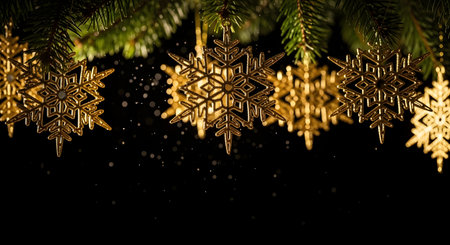 Golden snowflakes hanging from a christmas tree branch against a dark background create a festive atmosphereの素材