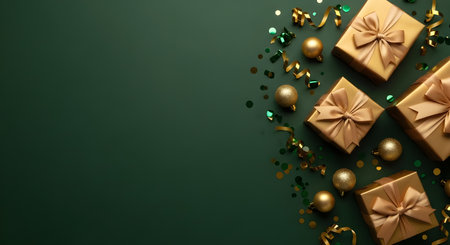 Festive golden gift boxes with ribbons and confetti on dark green background, top view, copy spaceの素材