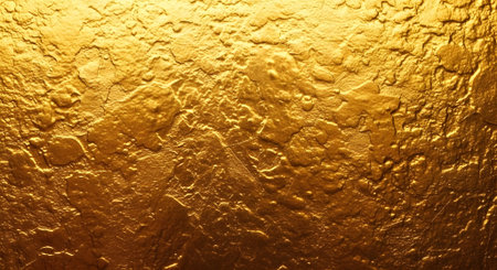 A captivating closeup of a textured gold surface, revealing intricate patterns and shimmering highlights, creating a luxurious backdropの素材